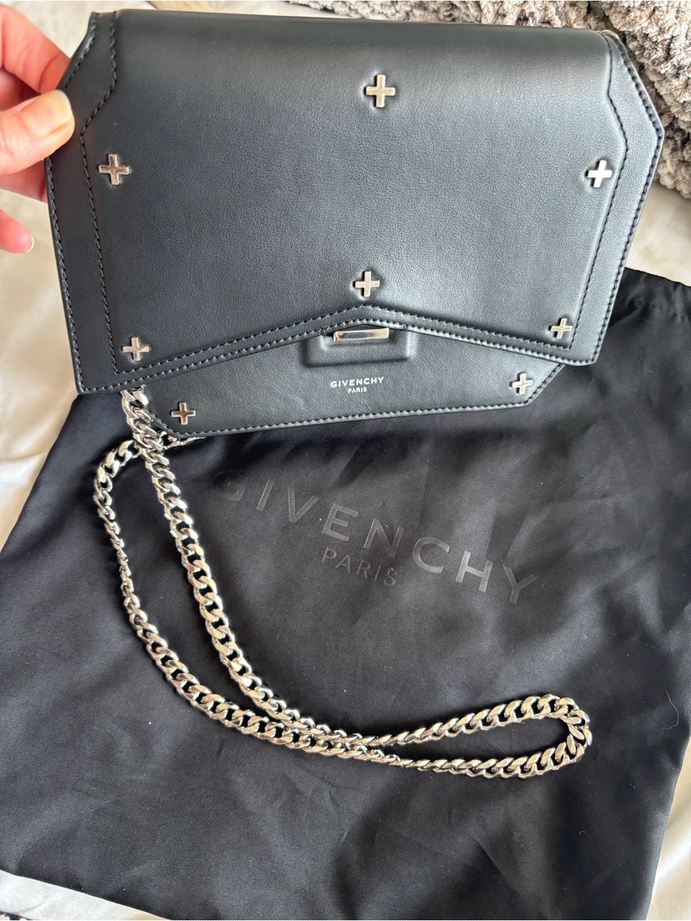 Givenchy Black Leather Crossbody with Silver Cross Studs